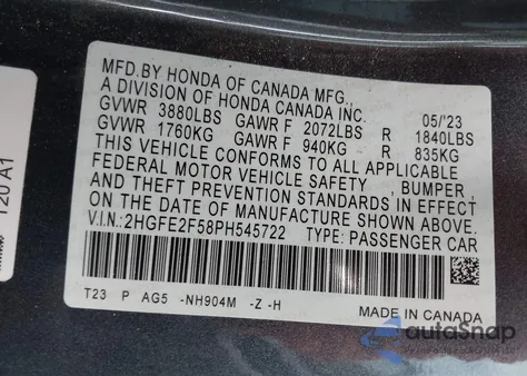 2023 Honda Civic Sport из США, поврежденный, VIN 2HGFE2F58PH545722